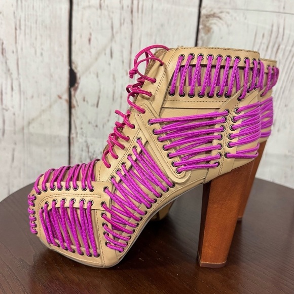 JEFFREY CAMPBELL LITA LACED in Neon Pink & Purple On Tan Leather Ankle Boots 6.5 - Picture 3 of 16